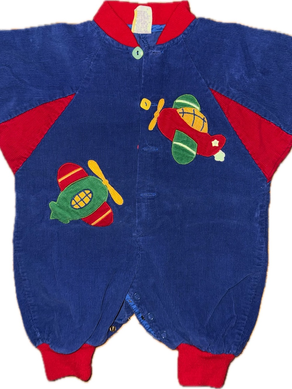 Vintage Navy Blue Corduroy Baby Romper with Airplane Appliqués